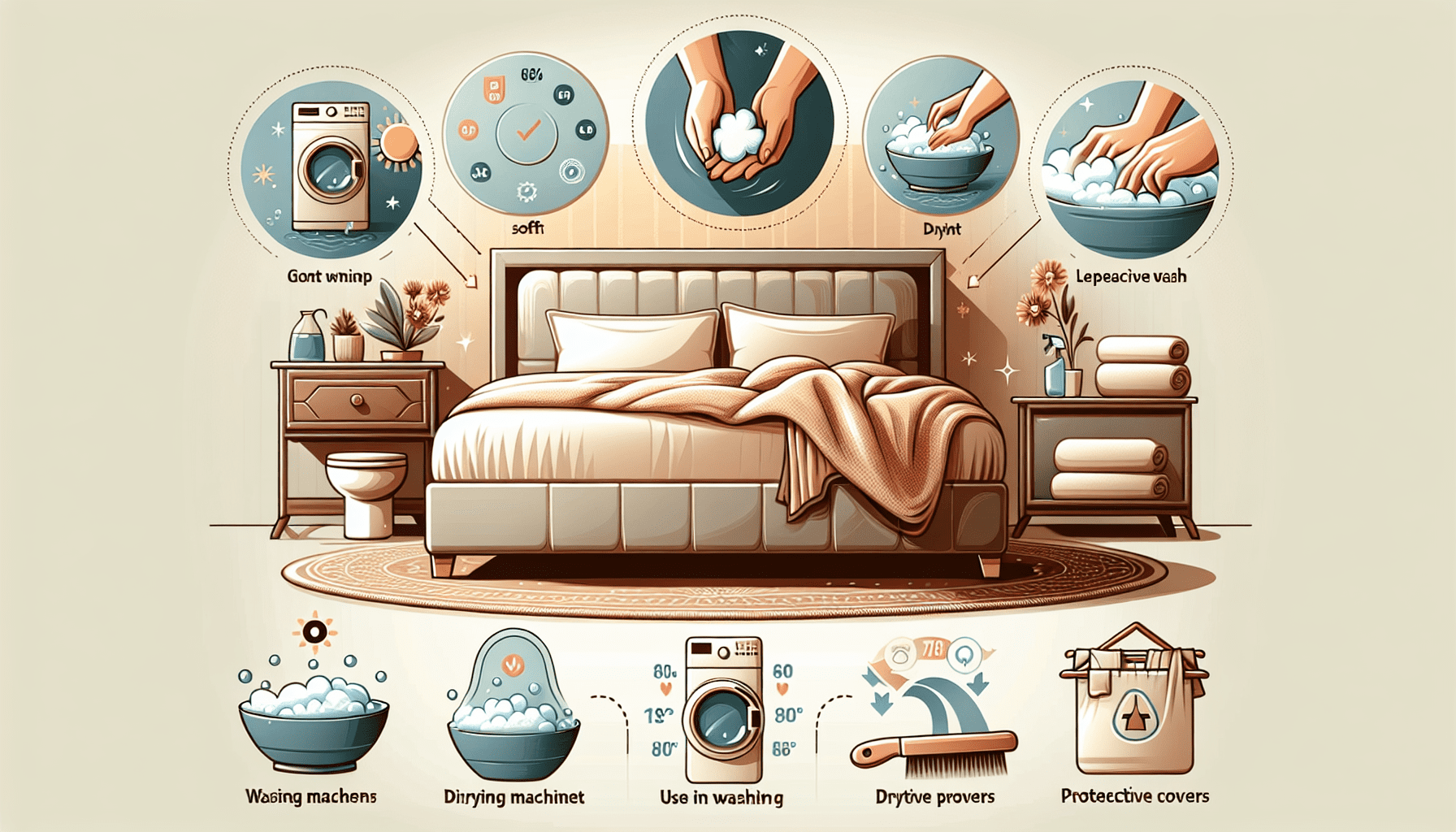 Ein Bild, das die wichtigsten Tipps zur Pflege von Bettdecken zusammenfasst.