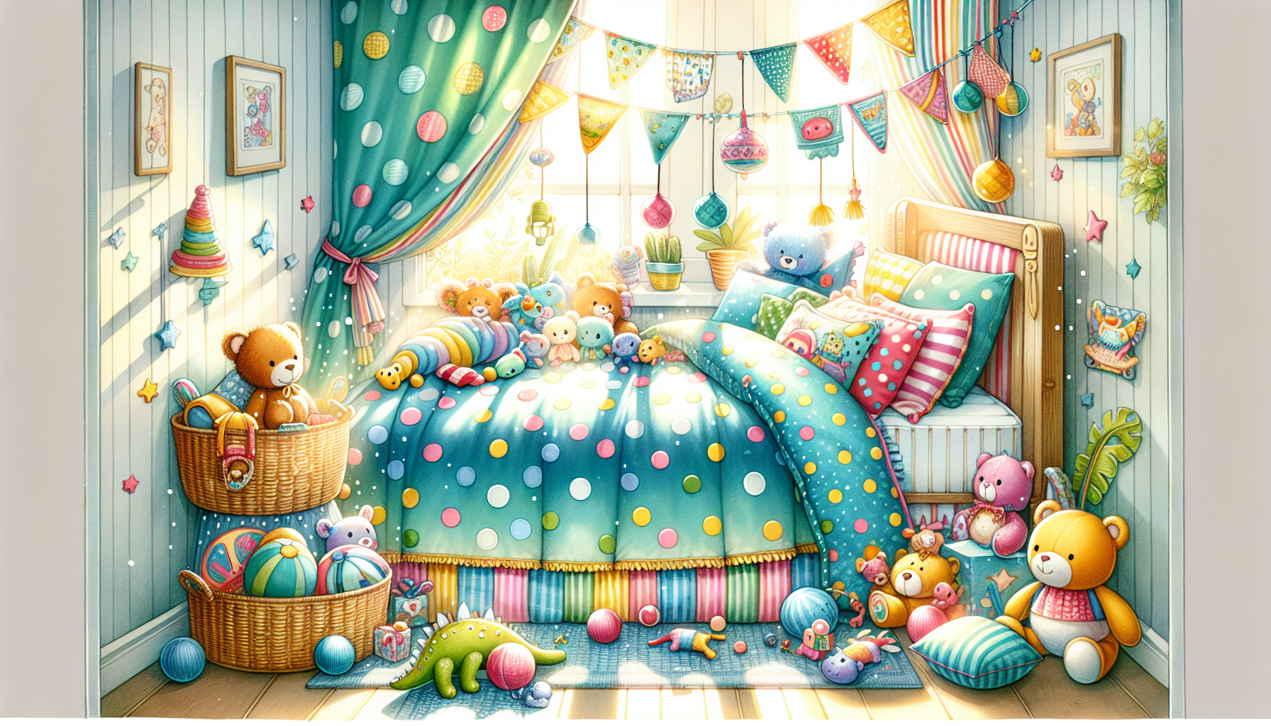 Eine Reihe von Kinderbettdecken in verschiedenen Farben und Designs.