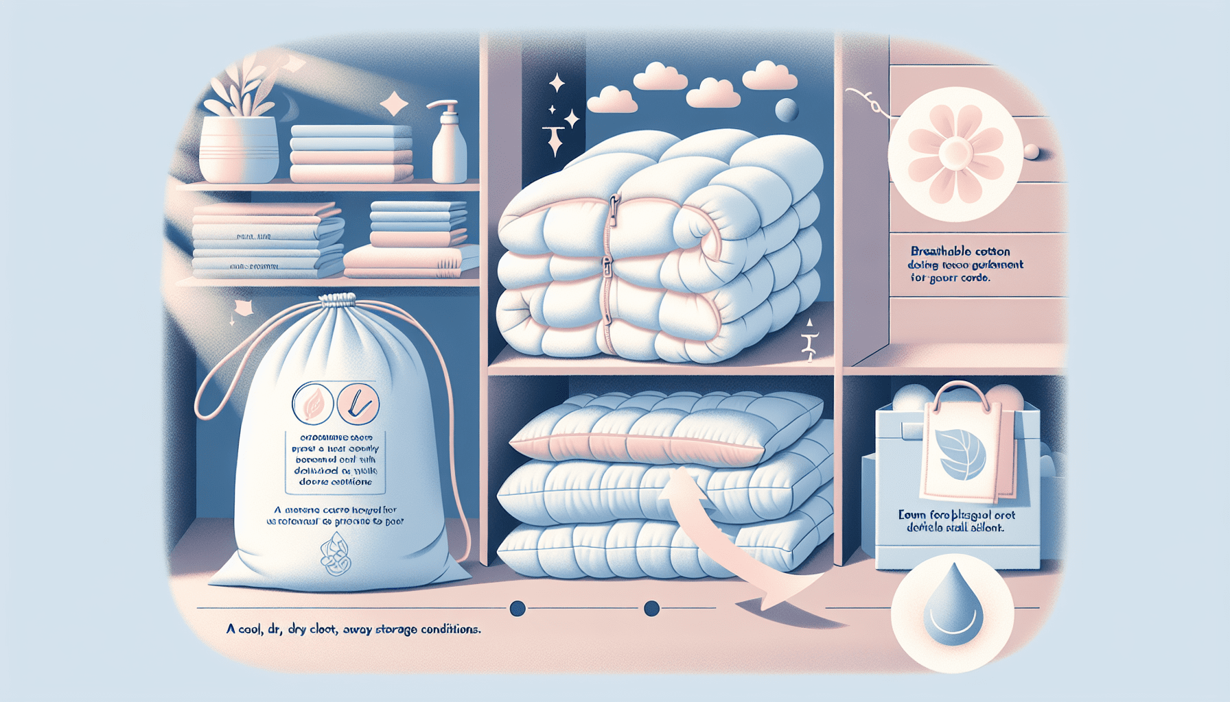 Eine Grafik, die zeigt, wie man eine Daunendecke richtig aufbewahrt, um ihre Lebensdauer zu verlängern.