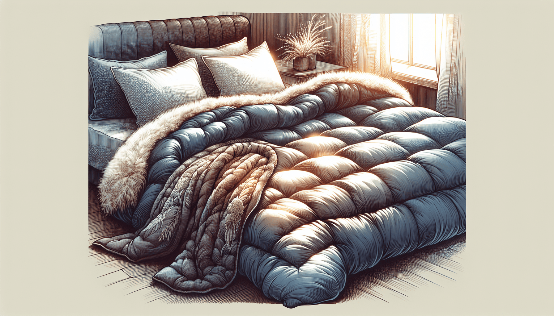 Eine Daunen-Winterdecke, die auf einem Bett liegt und ihre Investitionswerte zeigt.