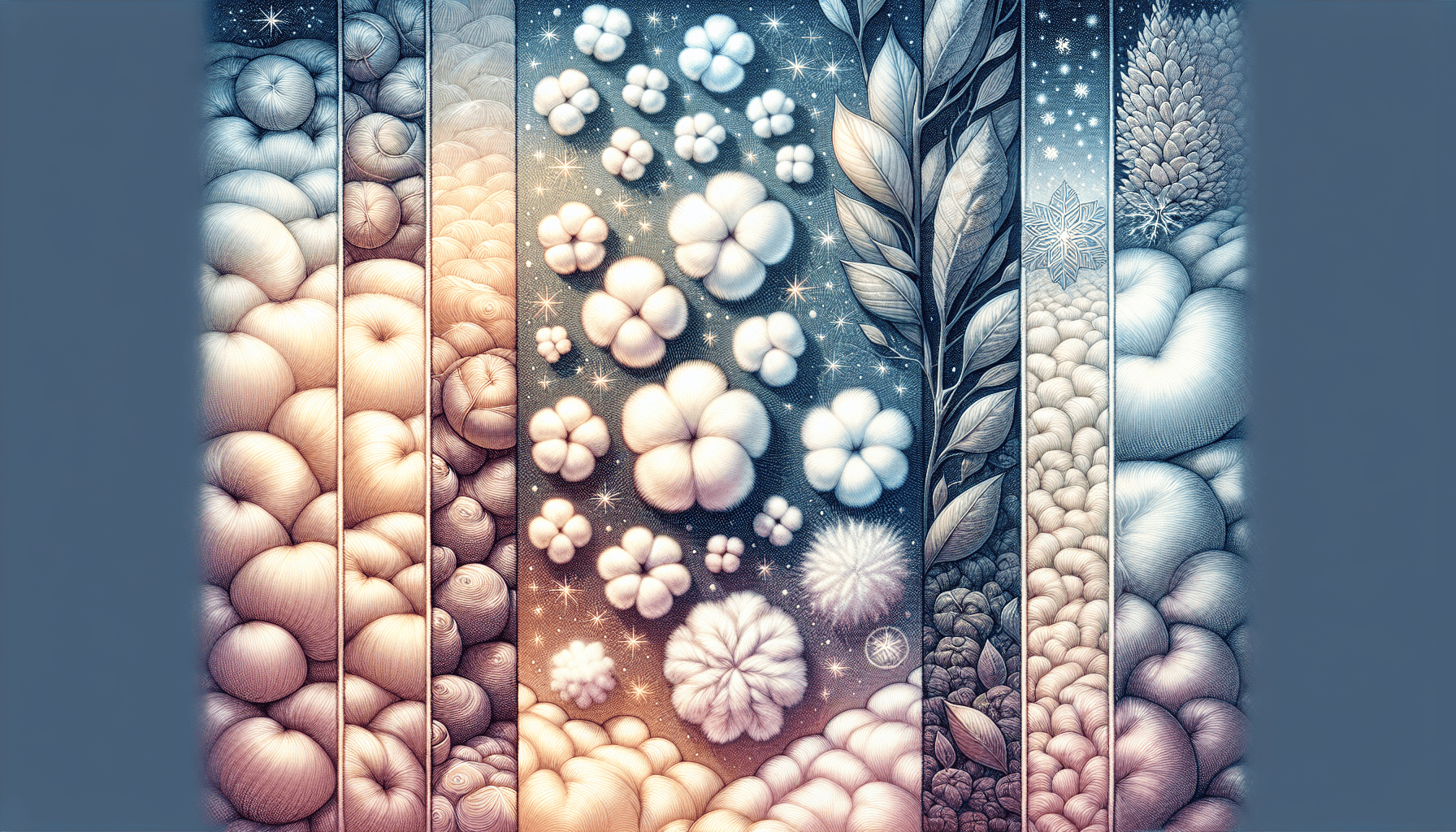 Verschiedene Füllmaterialien für Winterdecken, darunter Baumwolle und Daunen.