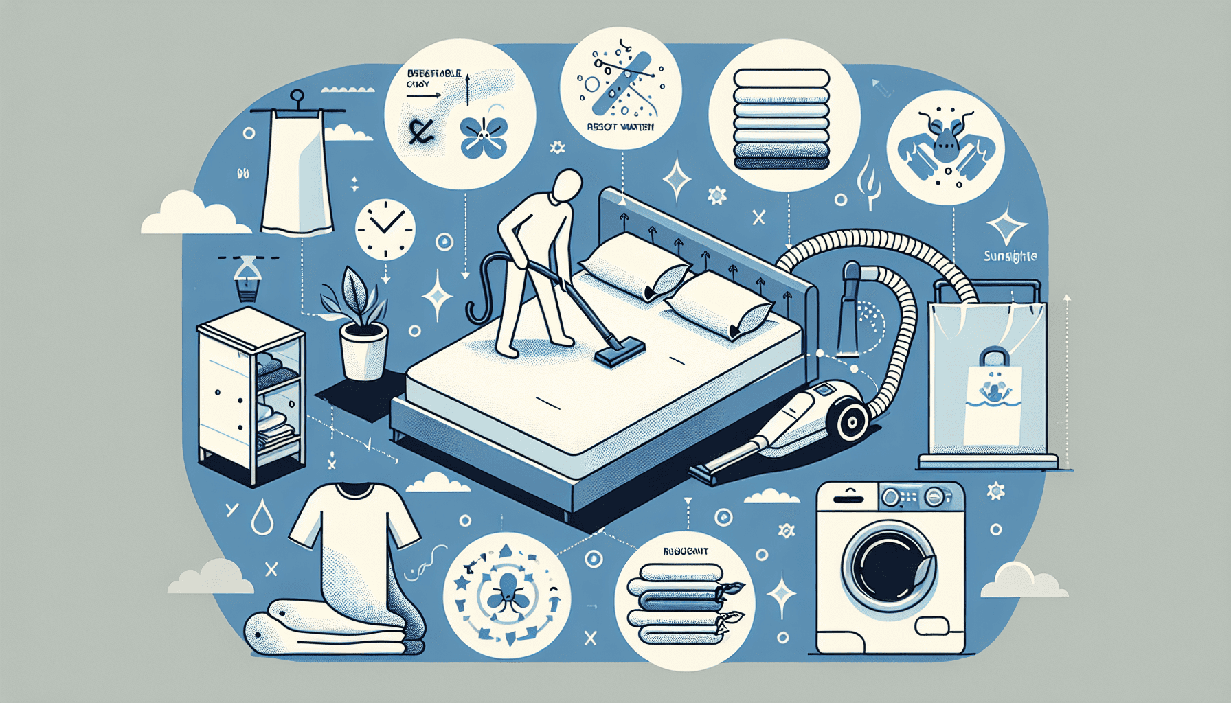 Eine Zeichnung, die die Vermeidung von Schimmel und Milben in Bettdecken darstellt.