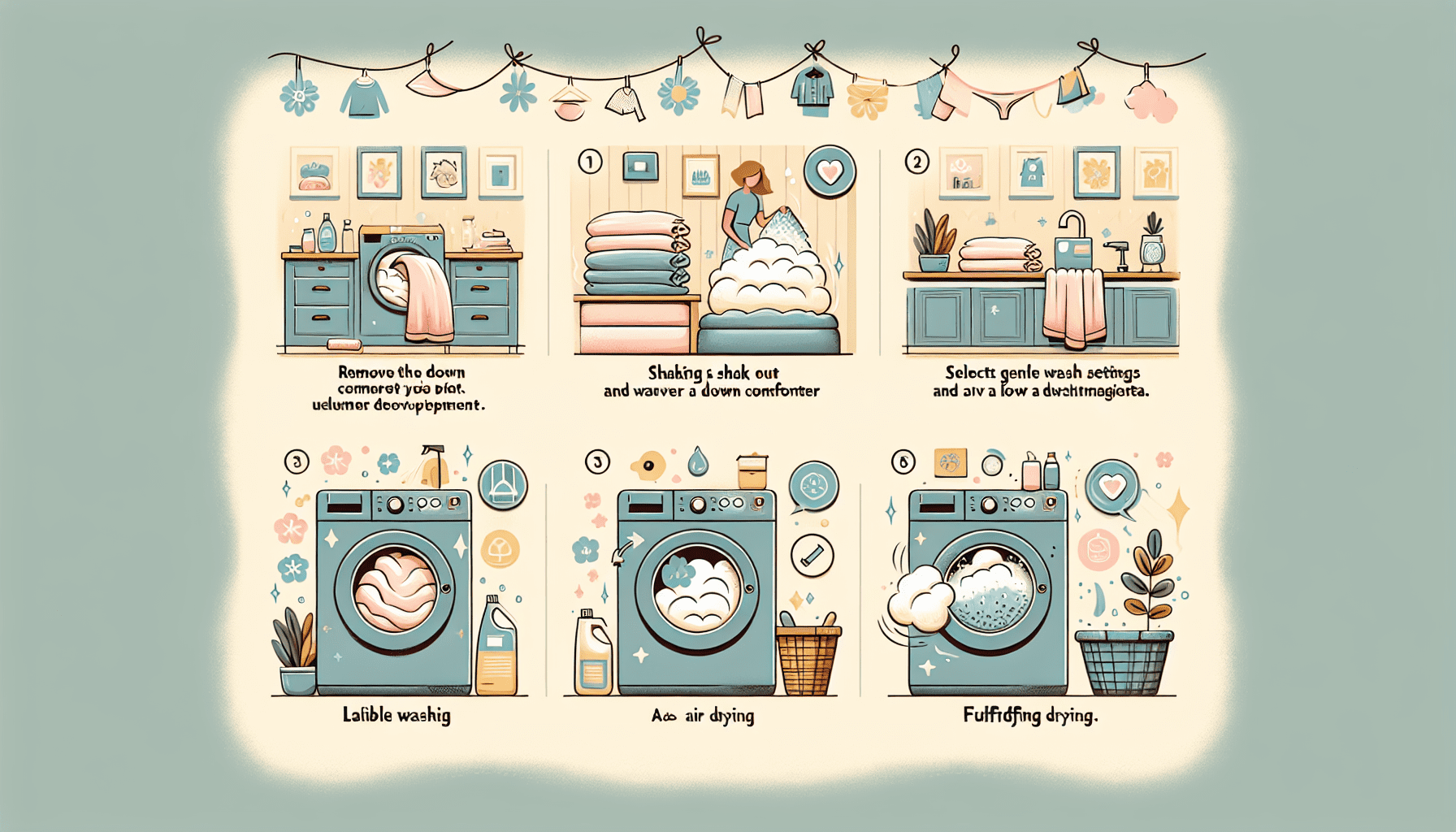 Eine Illustration, die zeigt, wie man eine Daunendecke richtig wäscht und pflegt.
