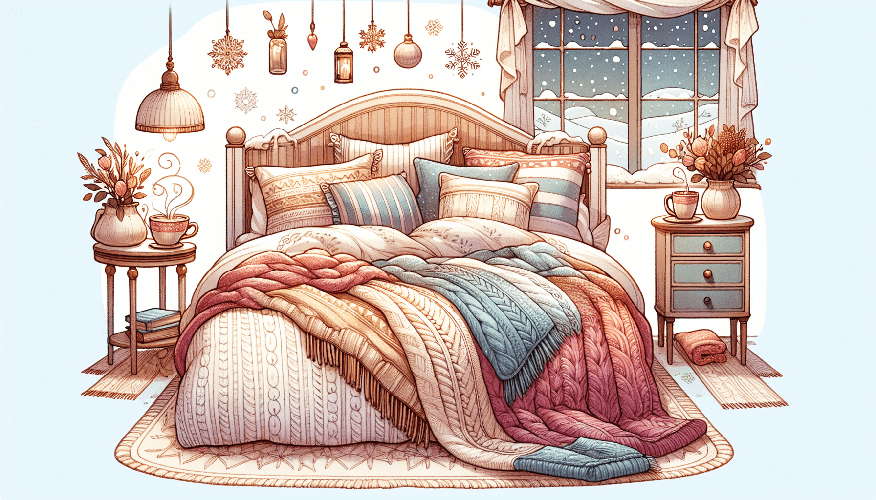 Eine Auswahl an verschiedenen Bettdecken für jede Jahreszeit, darunter eine Sommerdecke und eine Winterdecke.